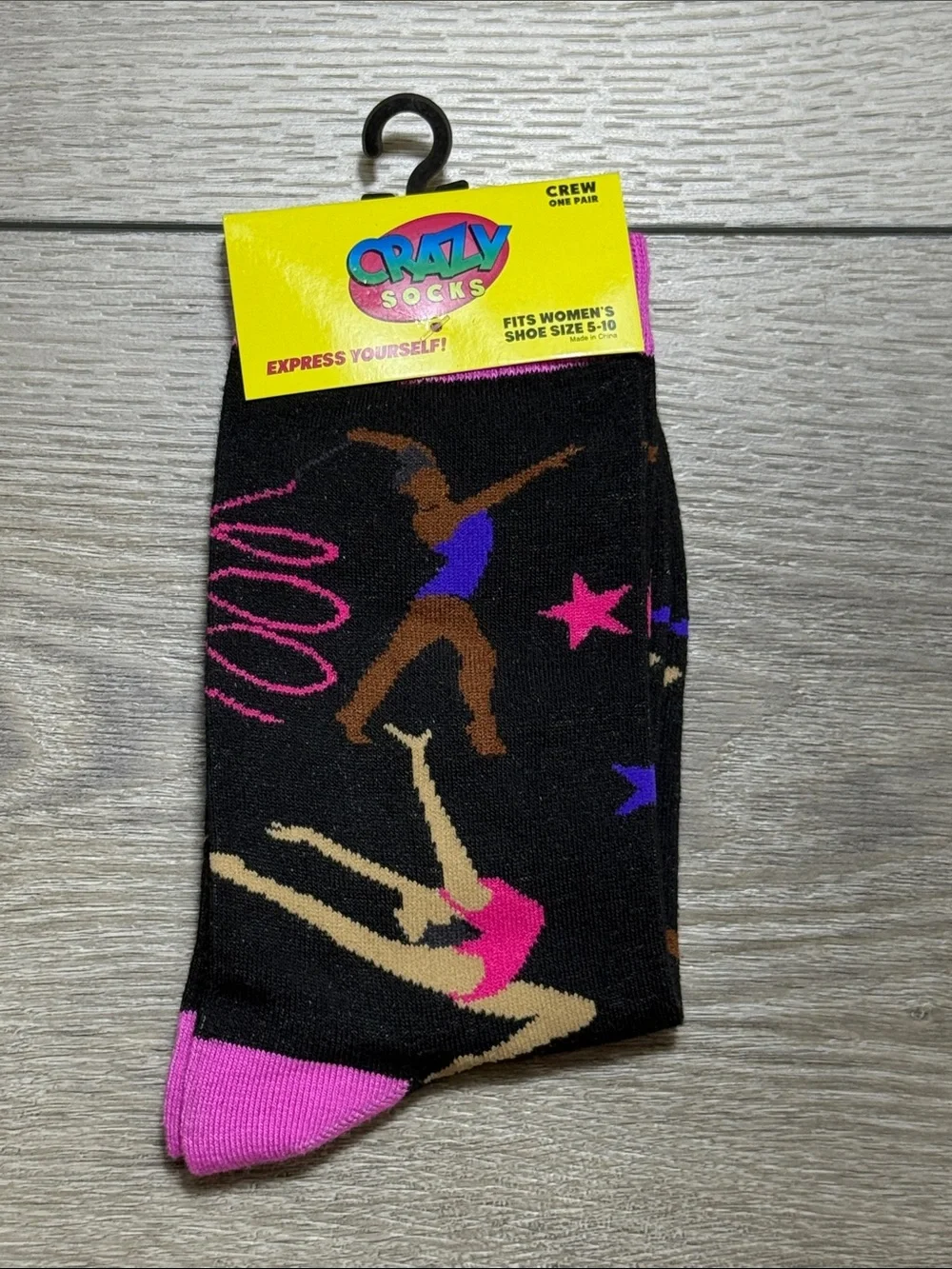 Women's Crew Socks - Black with Pink & Purple Gymnast Design NWT     Size 5-10